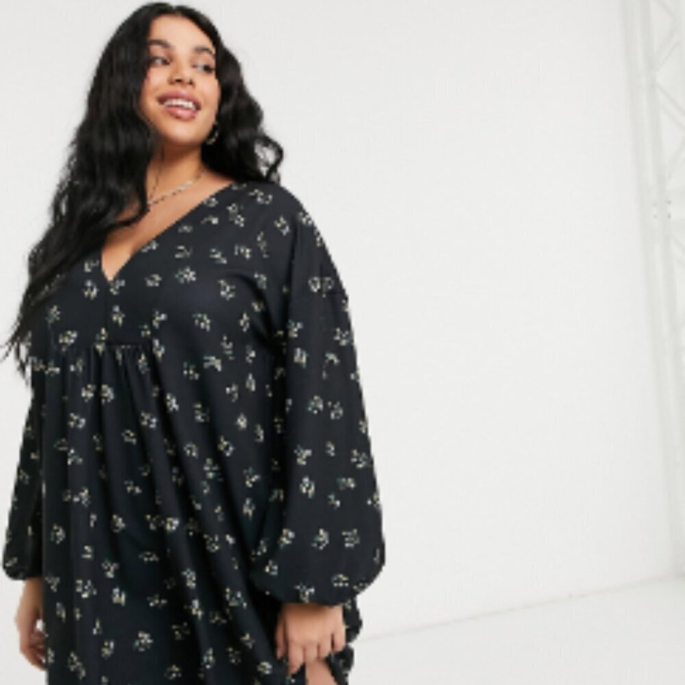 ASOS Curve Long Sleeve V-neck Mini Dress in Yellow Ditsy Floral Size 18